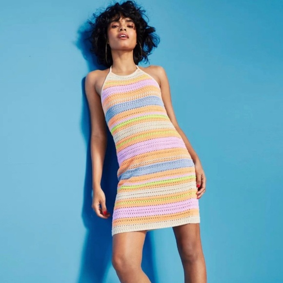 House of Harlow 1960 M crochet halter dress stripes summer - Picture 2 of 8